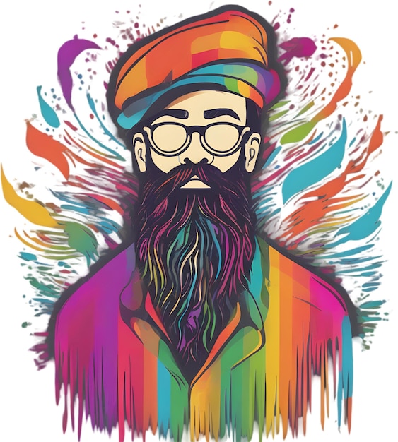 PSD rainbowhued full beard adorns mans vibrant portrait