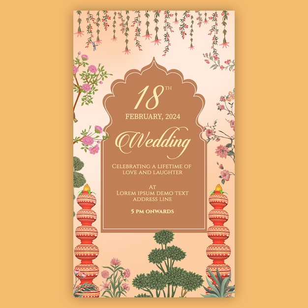 PSD rajasthani traditional royal indian floral wedding invitation card design template with mughal trees