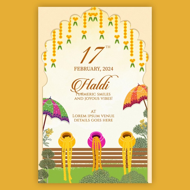 PSD rajasthani traditional royal indian haldi wedding invitation card design with colorful pots decor