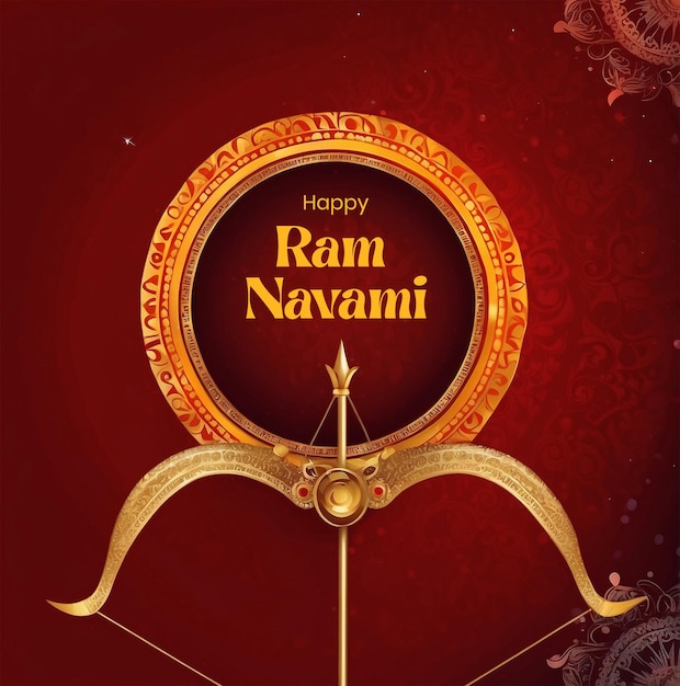 Ram Navami concept mandala design decoration with a bow and arrow on red texture background