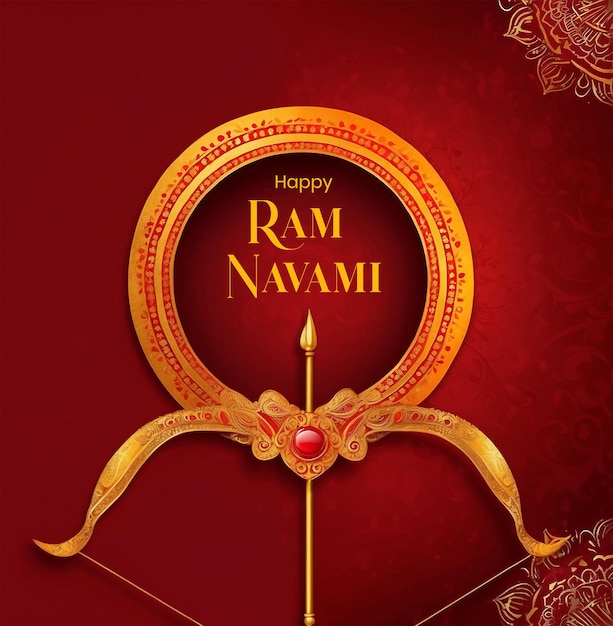 Ram Navami concept mandala design decoration with a bow and arrow on red texture background