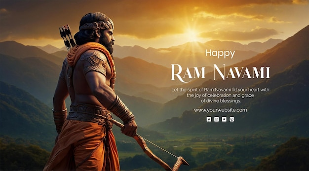 PSD ram navami concept realistic shree ram holding a bow and arrow on natural background