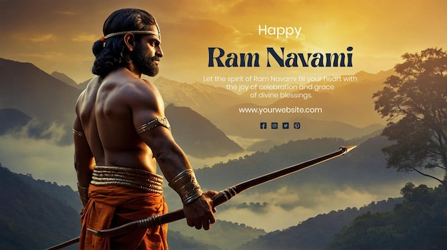 Ram Navami concept realistic shree ram holding a bow and arrow on natural background