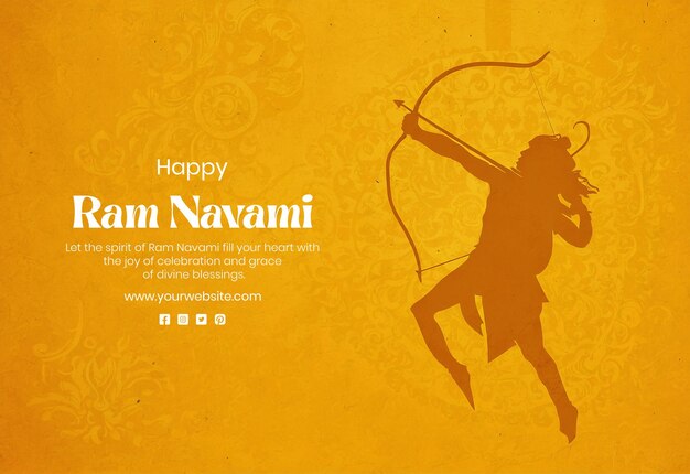 PSD ram navami concept shree ram holding a loaded style bow and arrow silhouette on yellow background