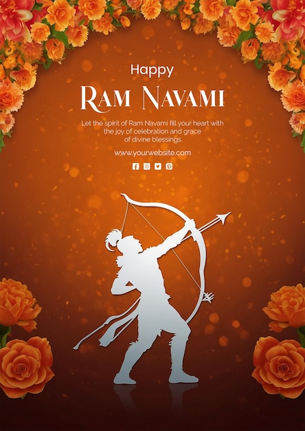 Ram Navami concept shree ram with bow and arrow silhouette on orange texture background