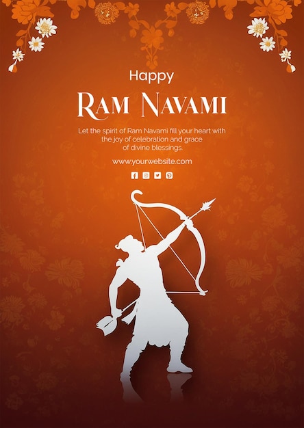 Ram Navami concept shree ram with bow and arrow silhouette on orange texture background