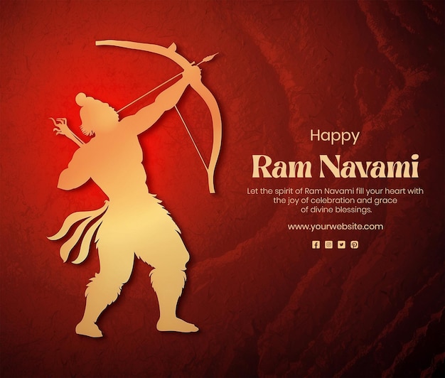 Ram Navami concept shree ram with bow and arrow silhouette on red texture background