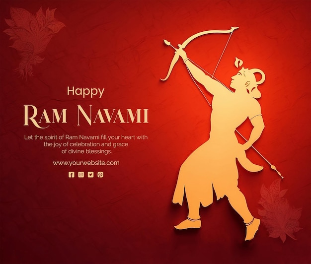 Ram Navami concept shree ram with bow and arrow silhouette on red texture background