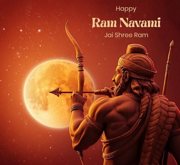 Ram Navami concept shree ram with bow and arrow silhouette on red texture background