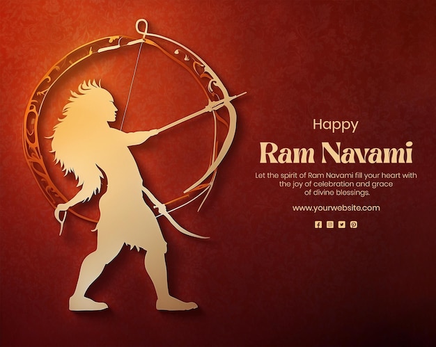 Ram Navami concept shree ram with bow and arrow silhouette on red texture background