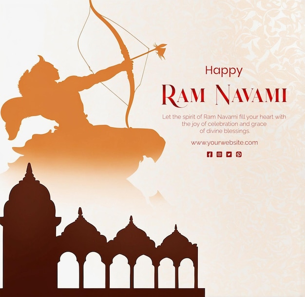 PSD ram navami concept shree ram with bow and arrow silhouette with ram mandir on white background