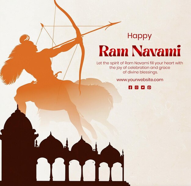 PSD ram navami concept shree ram with bow and arrow silhouette with ram mandir on white background