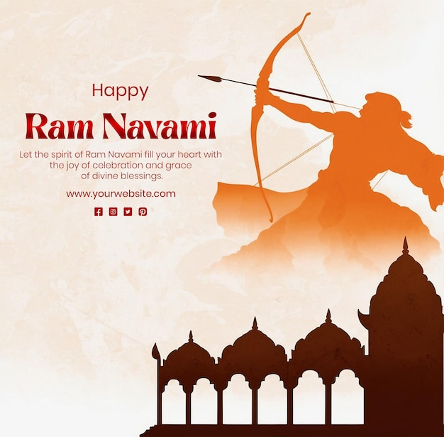 PSD ram navami concept shree ram with bow and arrow silhouette with ram mandir on white background