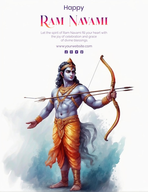 PSD ram navami watercolor concept shree ram holding a bow and arrow on white background