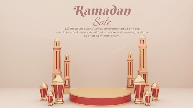 ramadan background 3d render, composition with blank podium, lantern for greeting, banner