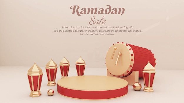 ramadan background 3d render, composition with islamic drum, blank podium, lantern for greeting, ban