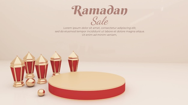 ramadan background 3d render, with , blank podium, lantern for greeting, banner