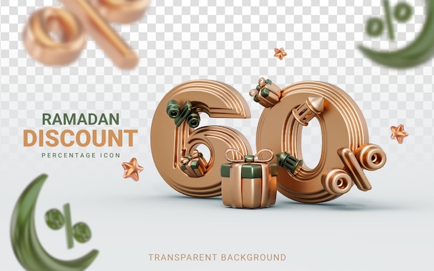 Ramadan and eid sale banner template Discount 60 percent 3d render crescent moon lantern gift box