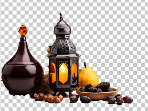 Ramadan food and drinks concept Ramadan Lantern with arabian lamp wood rosary