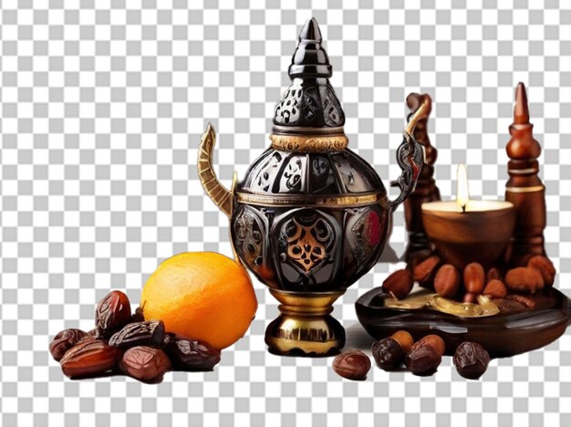 Ramadan food and drinks concept Ramadan Lantern with arabian lamp wood rosary