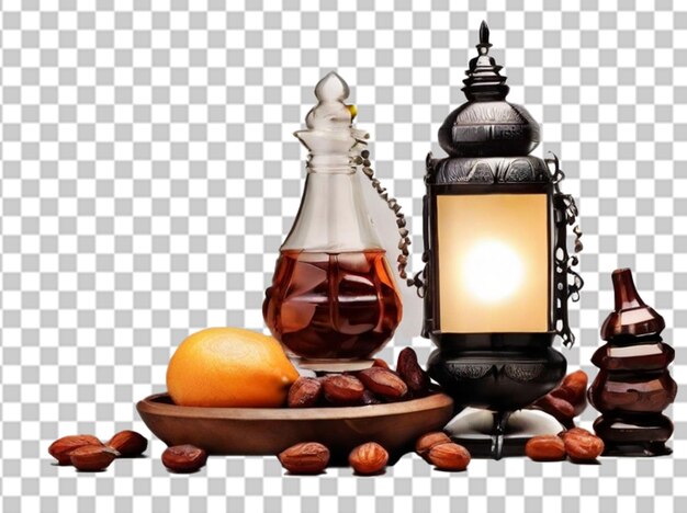 Ramadan food and drinks concept Ramadan Lantern with arabian lamp wood rosary