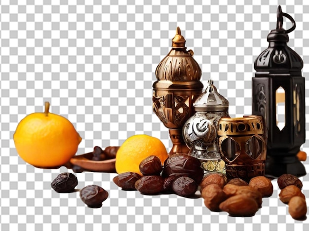 Ramadan food and drinks concept Ramadan Lantern with arabian lamp wood rosary