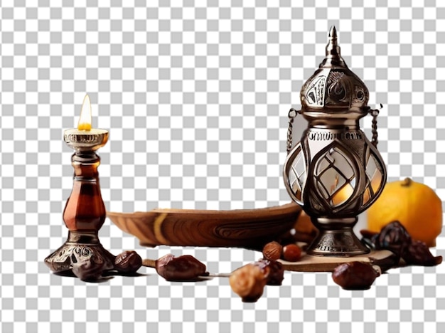 Ramadan food and drinks concept Ramadan Lantern with arabian lamp wood rosary