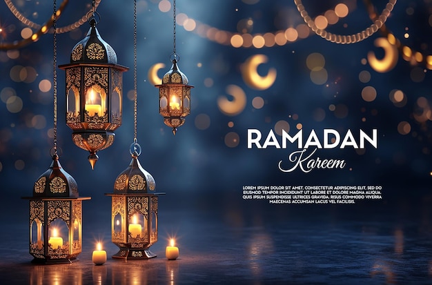 Ramadan Greeting With Golde And Blue Lantern 3d Social Media Banner Template PSD