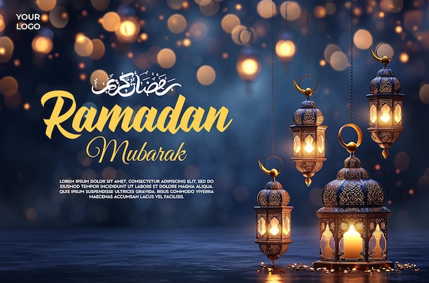 Ramadan and Greetings with Gold and Blue Lantern social banner template