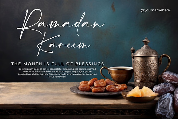 PSD ramadan kareem background arabic coffee and dates