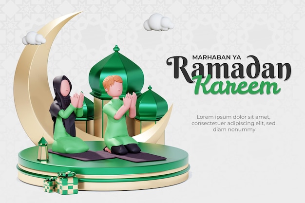 Ramadan kareem banner template with 3d muslim couple character praying together