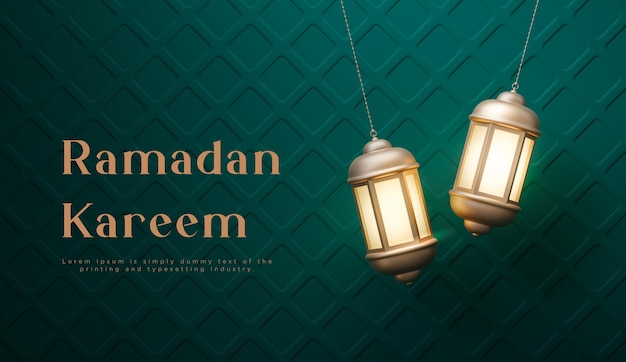 Ramadan kareem or eid mubarak Islamic greetings lantern decoration green gold background 3d render