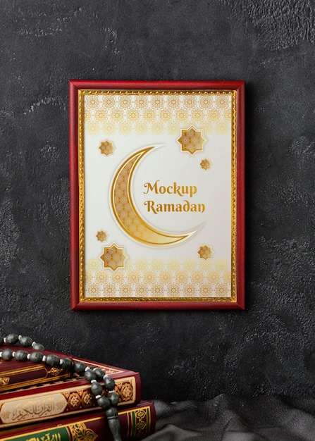 Ramadan kareem frame and books mockup