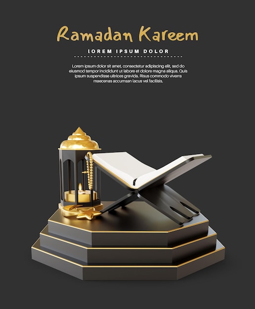 Ramadan kareem greeting with holy quran and lantern on podium