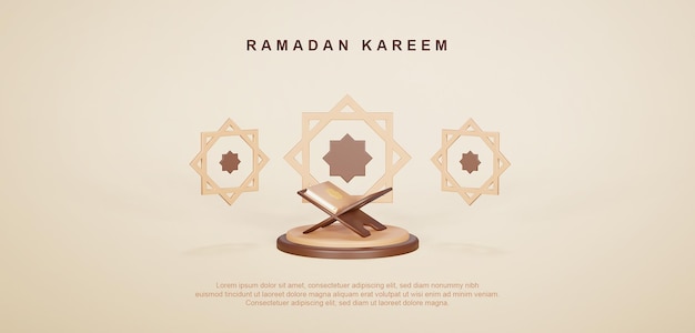 Ramadan kareem greetings background with 3d islamic ornament decoration quran and round podium