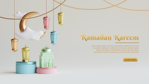 Ramadan kareem greetings background with realistic and colorful 3d Islamic festive decorative