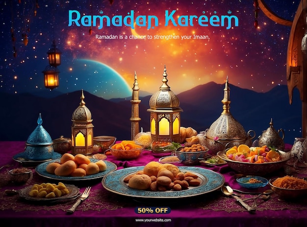 Ramadan Kareem Iftar table adorned with colorful dishes under a starry Ramadan sky