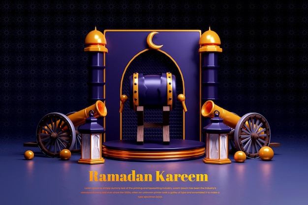 Ramadan Kareem Islamic background design with 3d Islamic canon and lantern on blue background