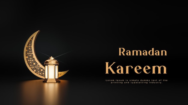 Ramadan kareem islamic crescent lantern greetings banner black gold background 3d render