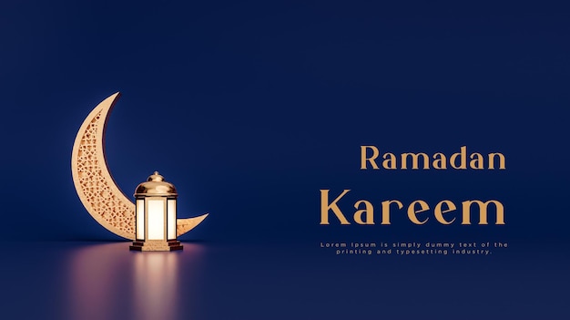 Ramadan kareem islamic crescent lantern greetings banner navy gold background 3d render