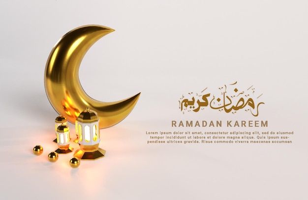 Ramadan kareem islamic design with arabic lantern standing 3d realistic crescent moon