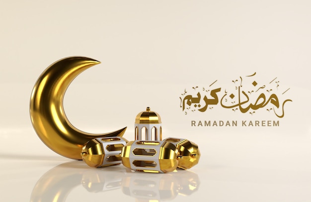 Ramadan kareem islamic design with four arabic lanterns and 3d realistic crescent moon