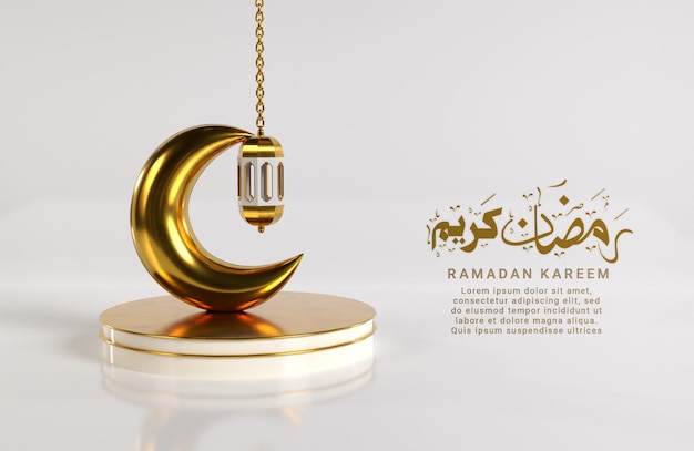 Ramadan kareem islamic design with realistic 3d arabic lantern and crescent moon on the podium