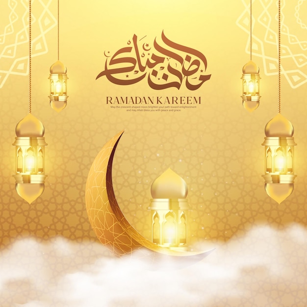 ramadan kareem islamic greeting background golden 3d crescent moon and lanterns background