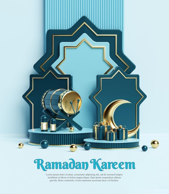 Ramadan kareem islamic greeting background with crescent moon lantern and islamic decoration object ornaments copy text islamic background