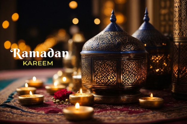 ramadan kareem lamps on bokeh background