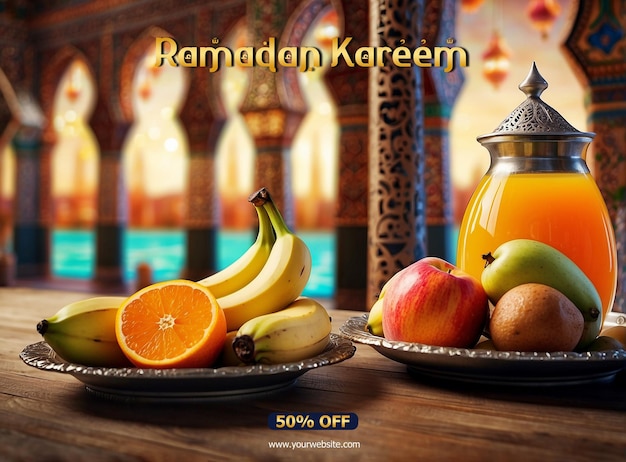 Ramadan Kareem Luxurious colorful mosque Ramadan Fruits and juice in mosque