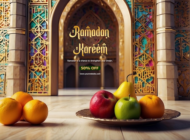 Ramadan Kareem Luxurious colorful mosque Ramadan Fruits on plate