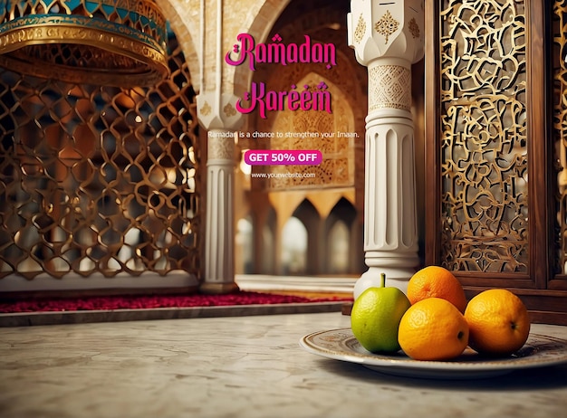 Ramadan Kareem Luxurious colorful mosque Ramadan Fruits on plate