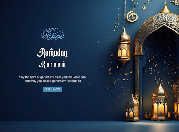 Ramadan Kareem luxurious dark blue mihrab background design with golden lantern decoration